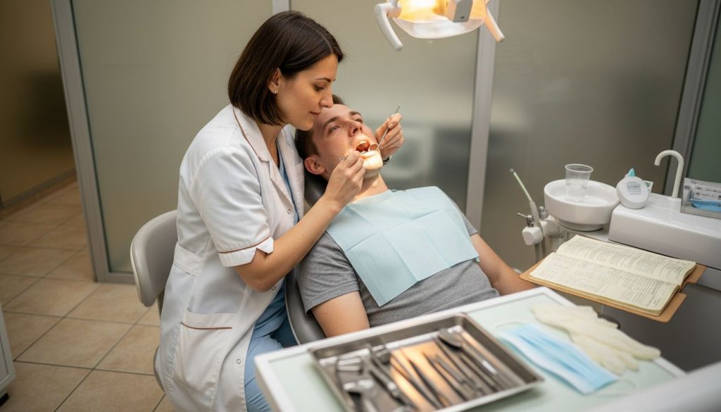 Dentist examining patient during routine check