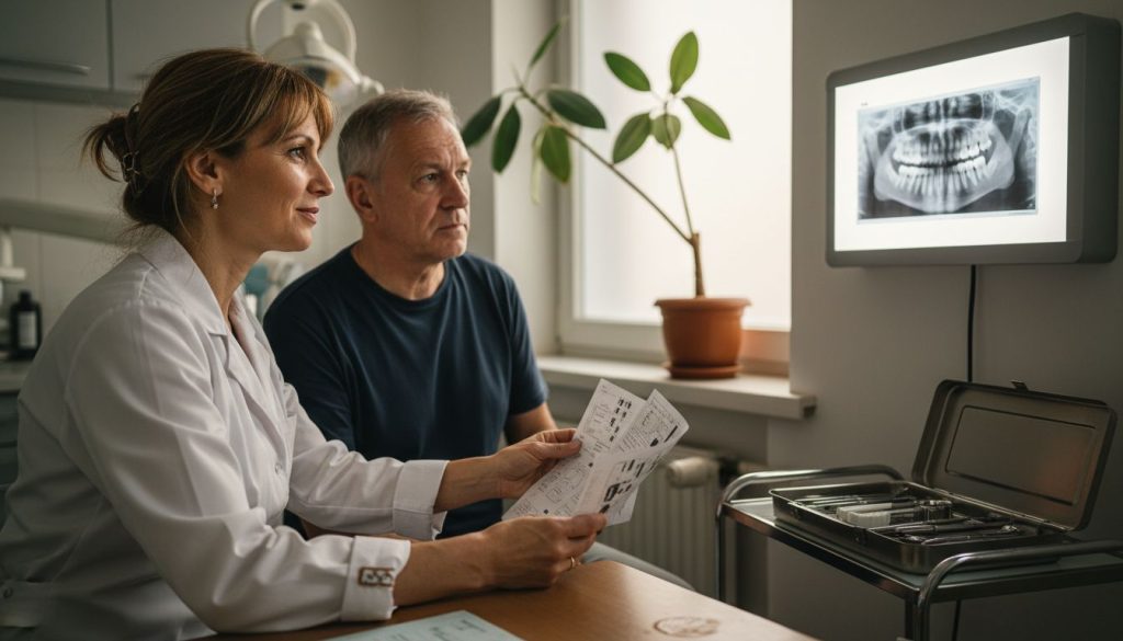 Dentist and patient discussing dental implant x-ray