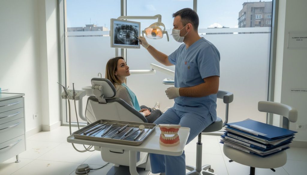 Medic stomatolog explicând opțiunile de tratament într-o clinică modernă