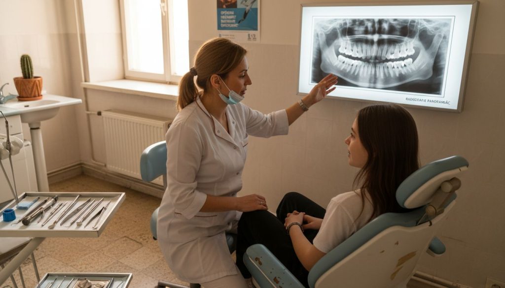 Ortodontul discută cu un pacient în cabinet, oferindu-i sfaturi și recomandări personalizate pentru îndreptarea dinților.