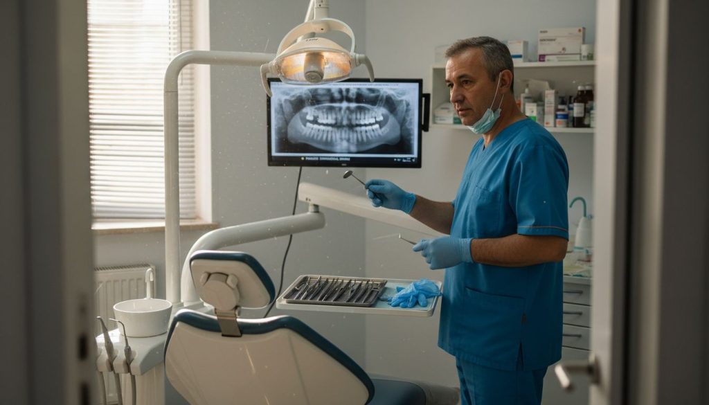 Medicul stomatolog se pregătește pentru intervenția de implant dentar