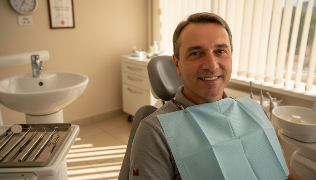 Bărbat trecut de prima tinerețe, zâmbind relaxat pe scaunul stomatologului