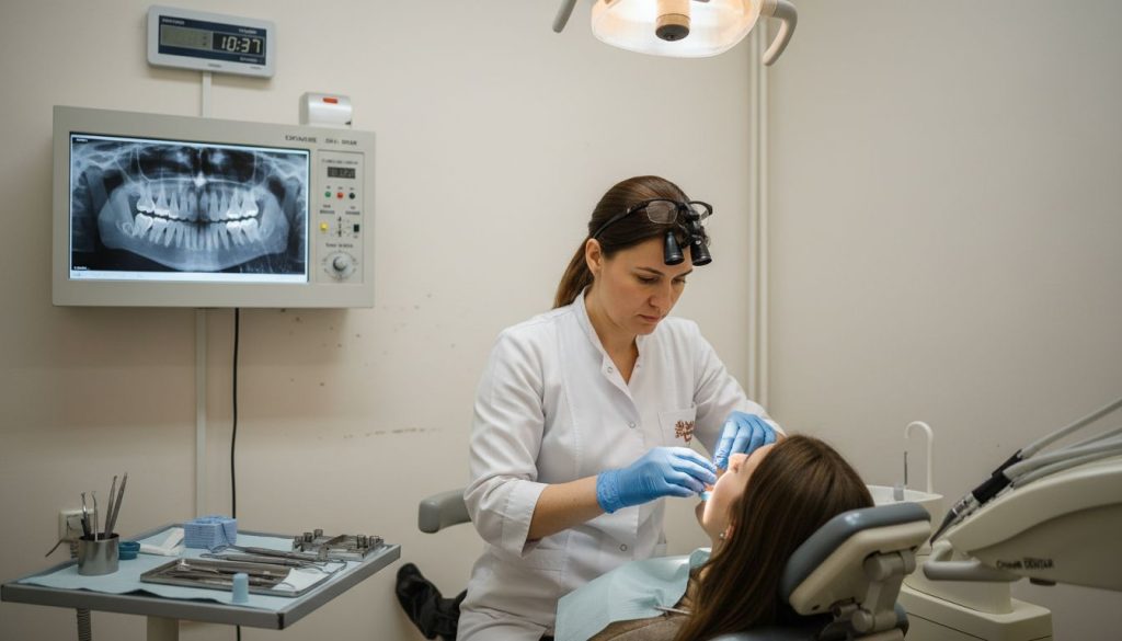 Medic stomatolog care ajustează o punte dentară pentru un pacient