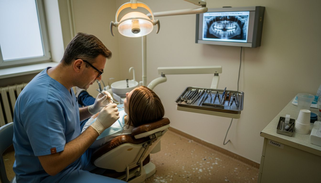 Medicul stomatolog își examinează pacientul în timpul unui control de rutină.