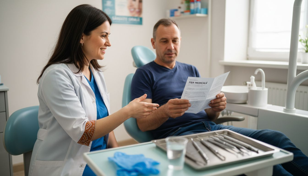 Medicul stomatolog își întâmpină pacientul pentru o consultație privind implanturile dentare.