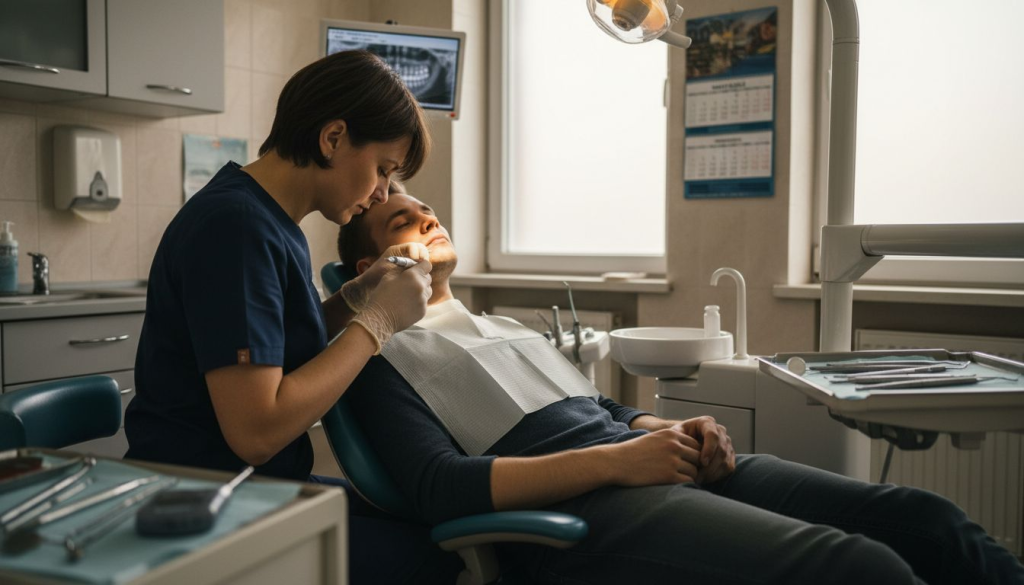 Medicul stomatolog aplică o fațetă ceramică pe dintele pacientului.