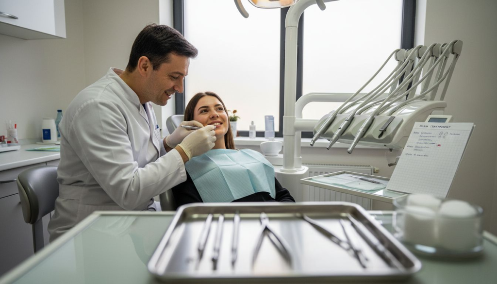 Medicul ortodont îi aplică pacientului gutiere transparente pentru îndreptarea dinților.