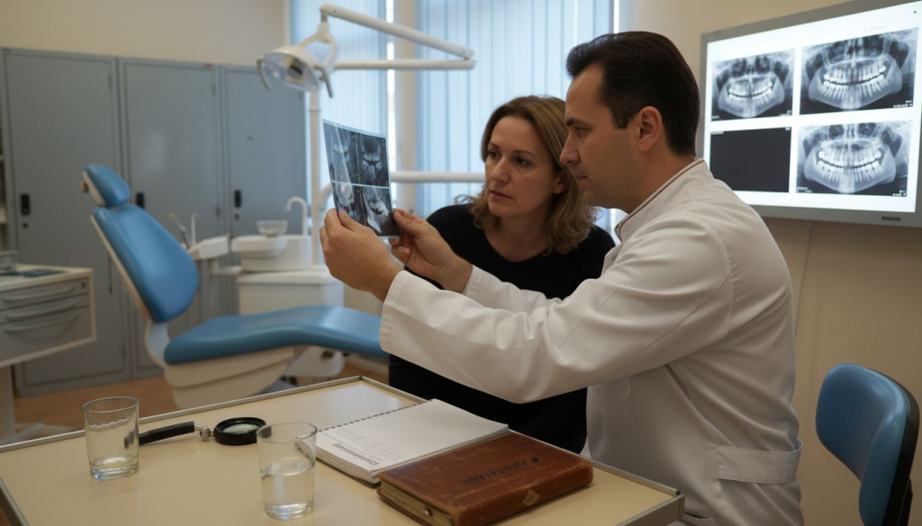 În cabinet, medicul îi arată pacientei radiografiile și îi explică rezultatele.