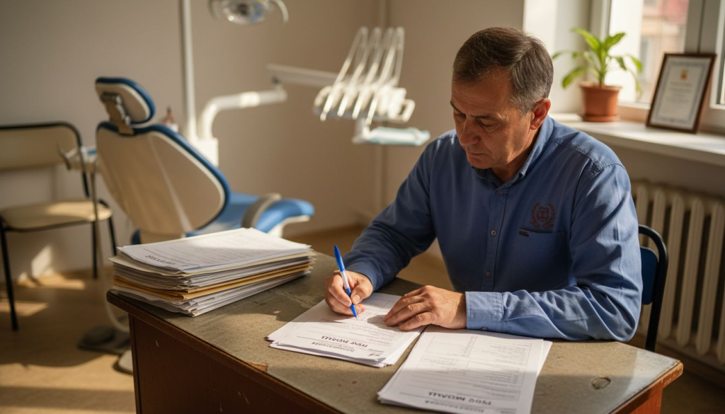 Pacientul completează formularele medicale la cabinetul stomatologic.