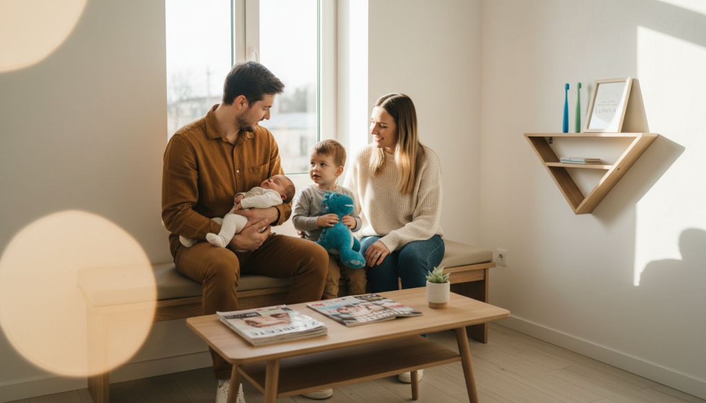 O familie își așteaptă rândul în sala de așteptare a unei clinici stomatologice.