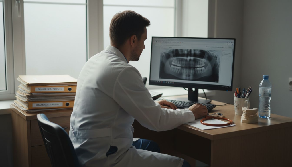 Medic stomatolog analizând radiografia dentară împreună cu pacientul, în cabinet.