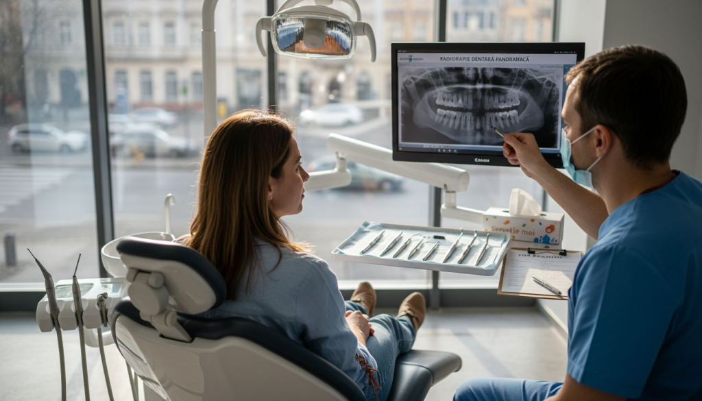 Medicul stomatolog discută cu pacientul în cabinet despre opțiunile de tratament și răspunde la întrebări legate de sănătatea orală.