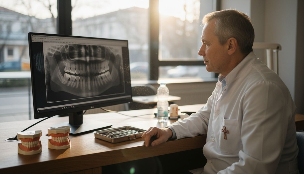 Medicul examinează atent radiografia unui implant dentar, verificând dacă totul este în regulă.
