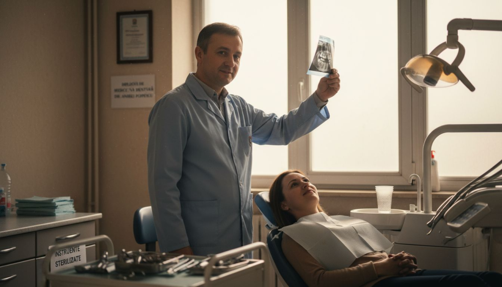 Consultatie stomatologică: discuție între medic și pacient despre realizarea unei coroane dentare