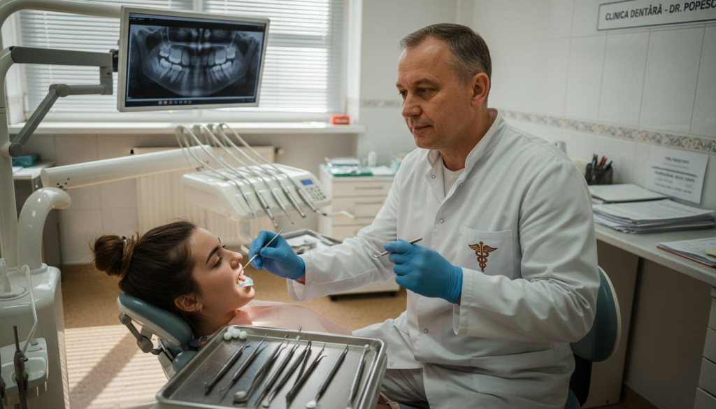 Medic stomatolog discută cu un pacient în cabinet, oferindu-i consultanță de specialitate.