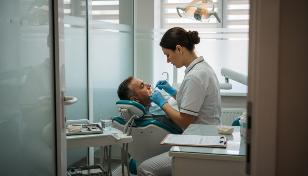 Medic stomatolog discută cu pacientul despre opțiunile pentru dinți ficși