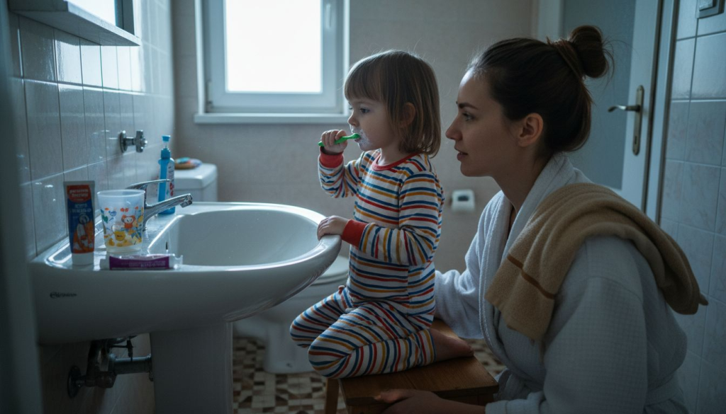 O fetiță își spală dinții în baie, sub privirea atentă a mamei.