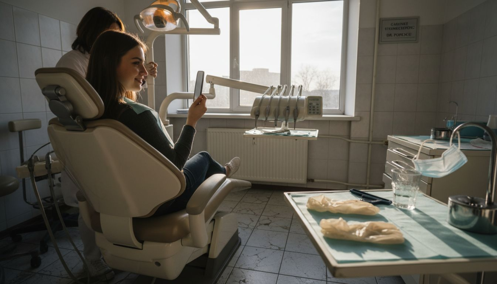 O pacientă zâmbește relaxată în cabinetul stomatologic, unde atmosfera este caldă și luminoasă.