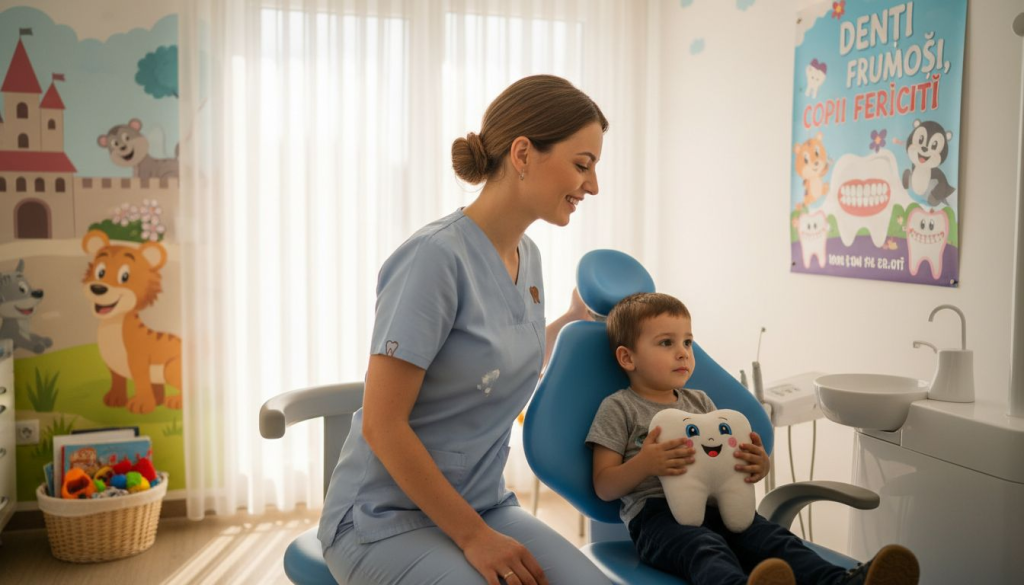 Medic dentist pentru copii discută cu micuțul pacient într-un cabinet vesel și primitor.