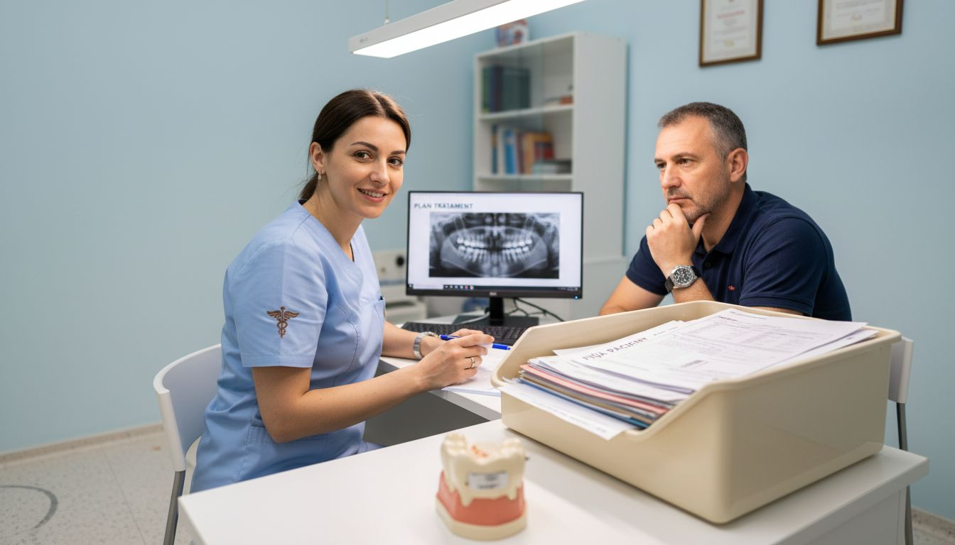 Medicul stomatolog discută cu pacientul despre opțiunea fațetelor dentare și îi explică toate detaliile necesare.