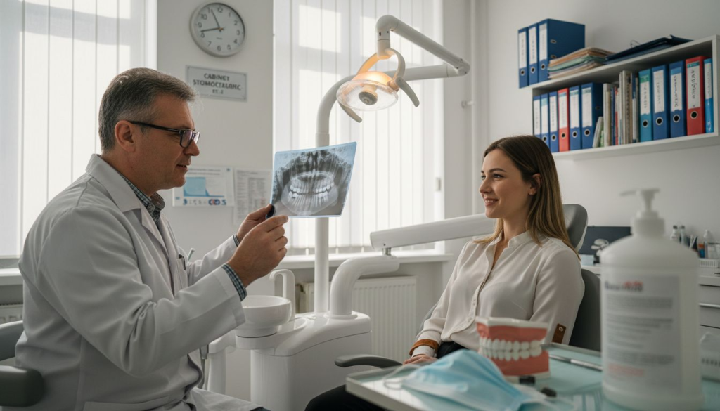 Medicul stomatolog îi explică pacientului ce presupune un implant dentar