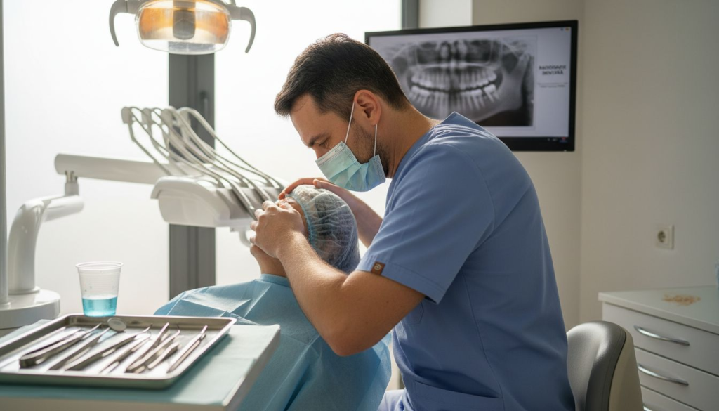 Medicul stomatolog pregătește pacientul pentru intervenția dentară în cabinet.