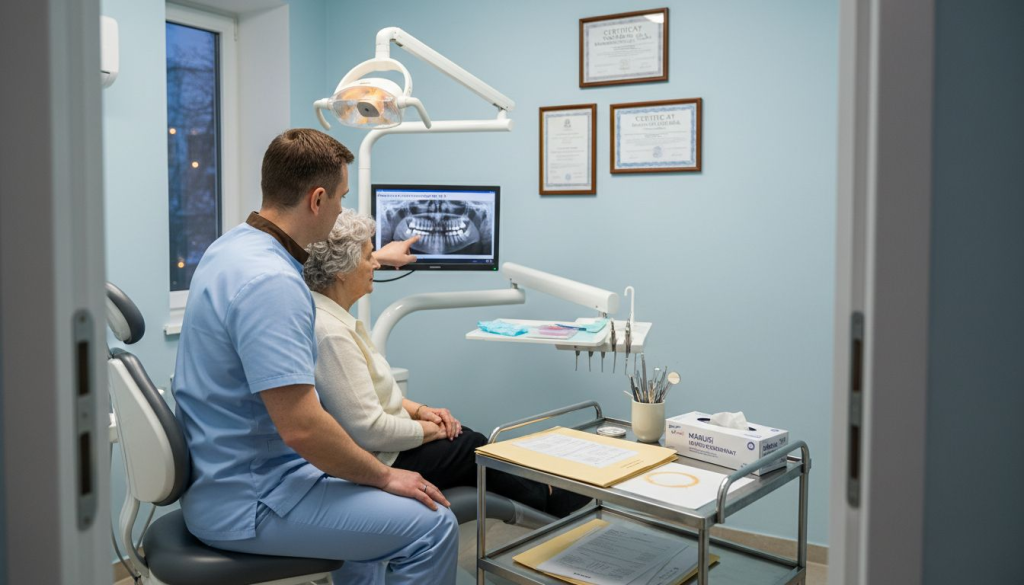 Medicul implantolog discută cu pacientul în cabinet, oferindu-i toate informațiile necesare despre tratament.