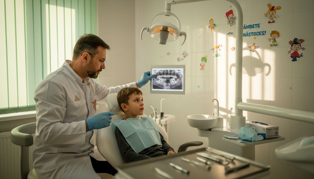 Copil venit la cabinet pentru evaluare și recomandări privind aparatul dentar.