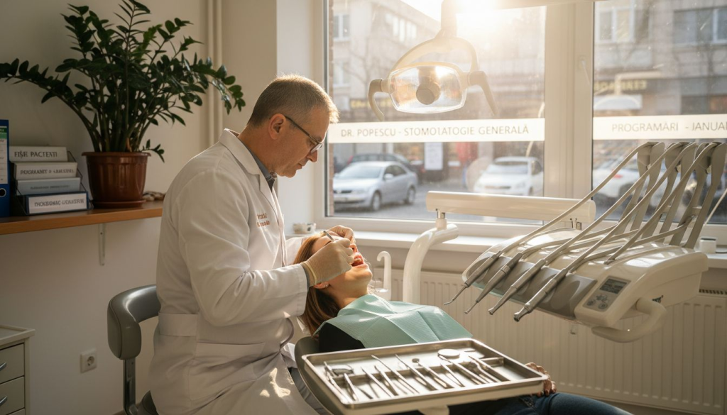 Medicul stomatolog discută cu pacientul într-un cabinet modern, luminat de razele blânde ale dimineții.