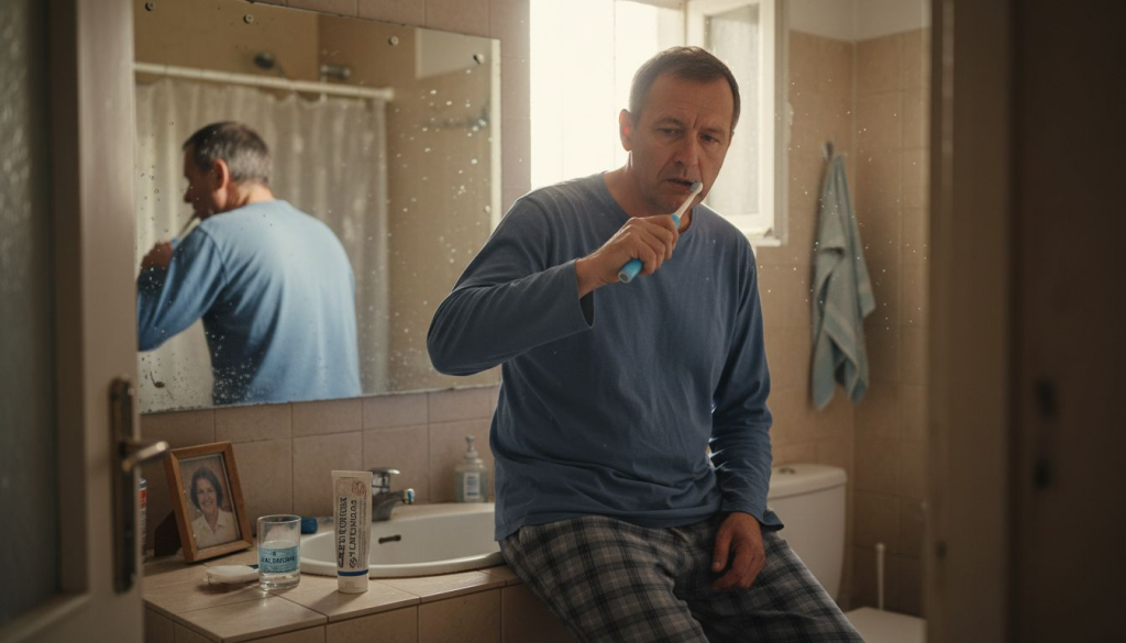 Bărbat care își spală dinții după un tratament endodontic