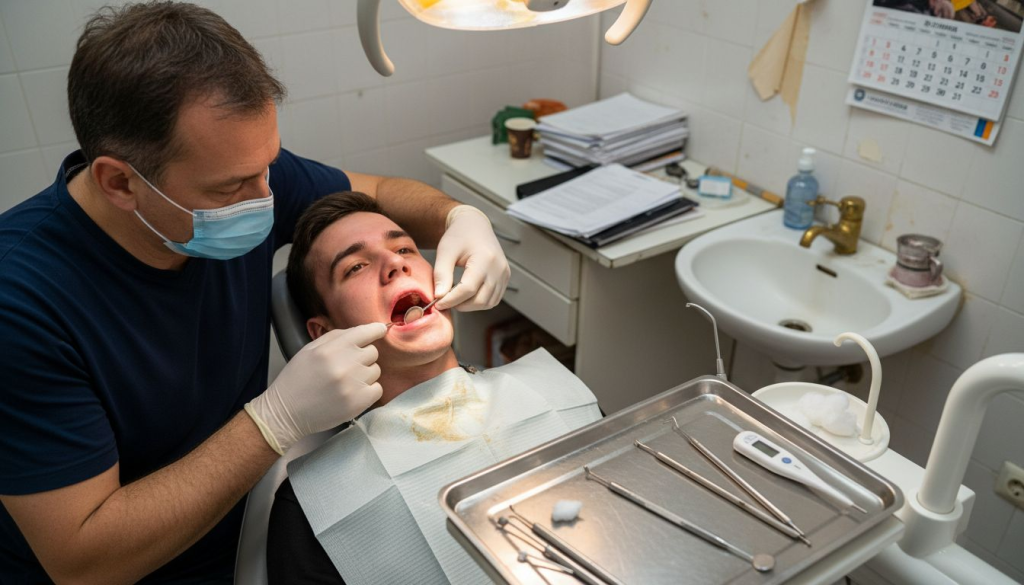 Medicul stomatolog examinează gingiile inflamate ale pacientului, încercând să stabilească cauza umflăturii.