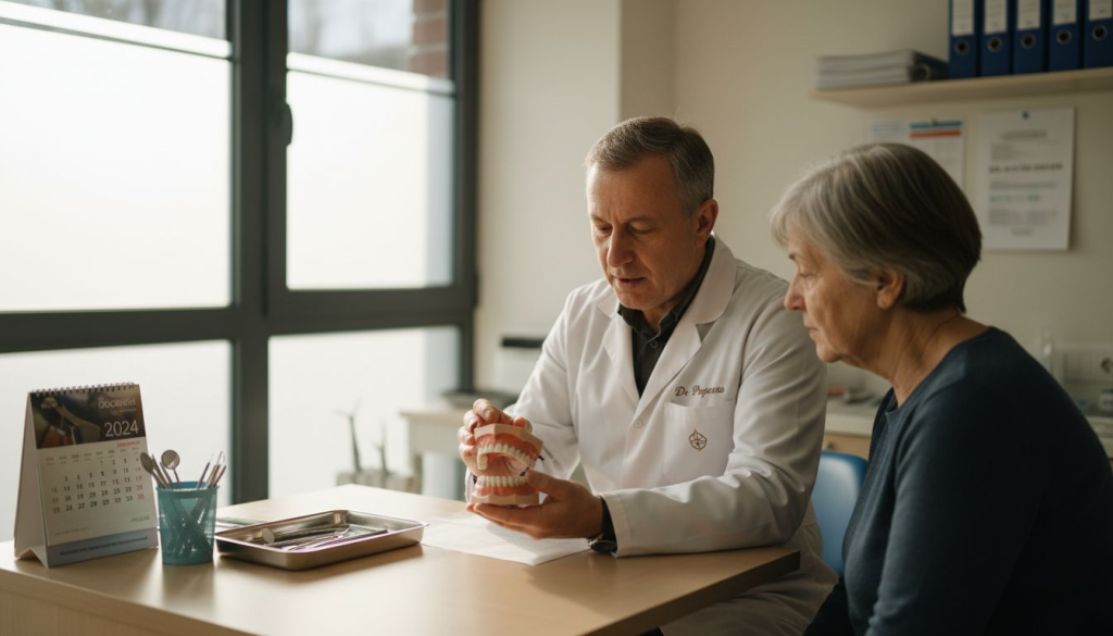 În timpul consultației la cabinet, medicul stomatolog le explică pacienților tot ce trebuie să știe despre protezele dentare.