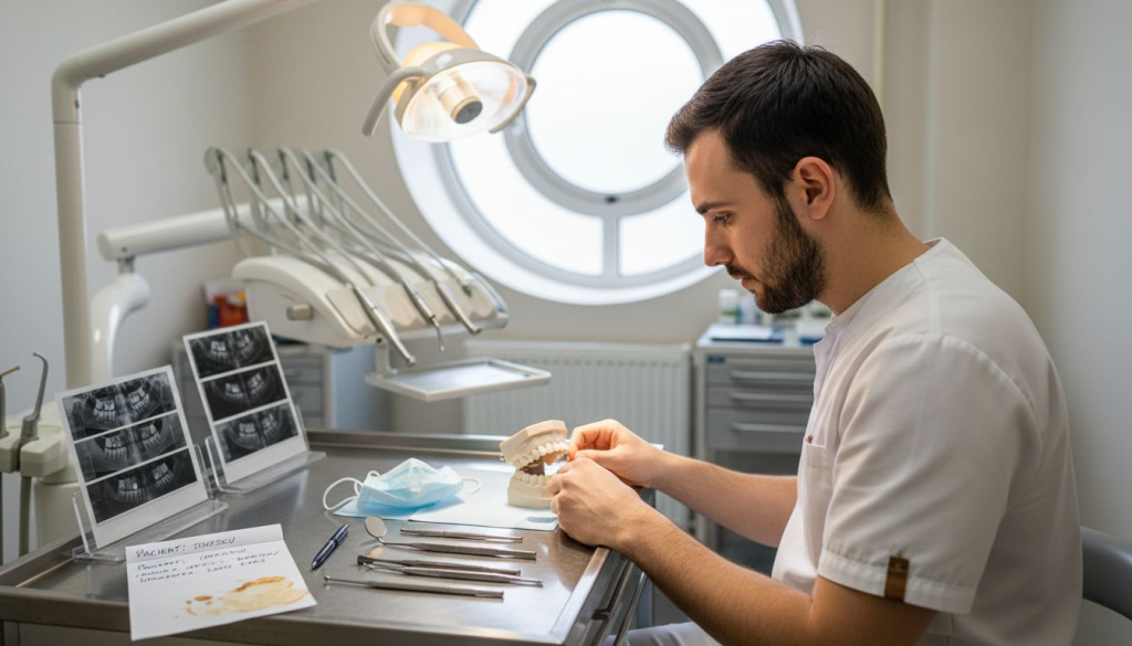 Medicul stomatolog examinează un mulaj dentar pe biroul din cabinet.