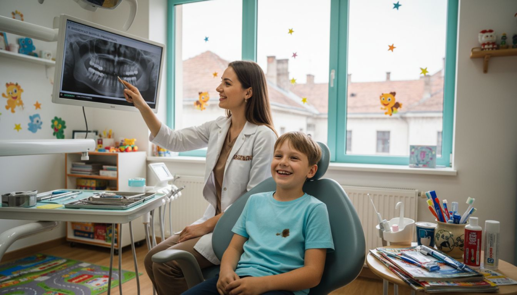 Un copil zâmbește cu încredere medicului ortodont în timpul consultului stomatologic.