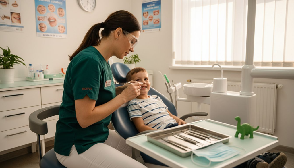 Medicul dentist examinează dinții copilului în cabinet.