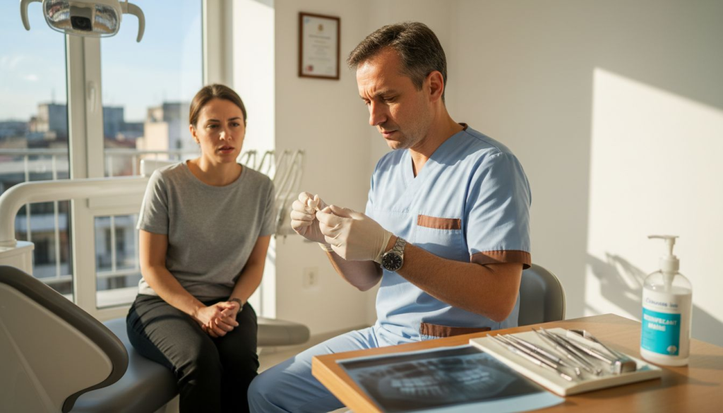 Medicul stomatolog analizează coroana dentară, în timp ce pacientul urmărește atent procedura.