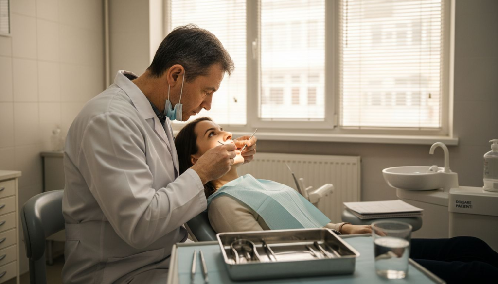 O pacientă este consultată de medicul parodontolog în cabinet.
