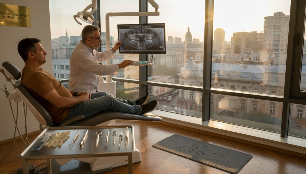 Medicul stomatolog analizează o radiografie pentru a verifica poziționarea implantului dentar.