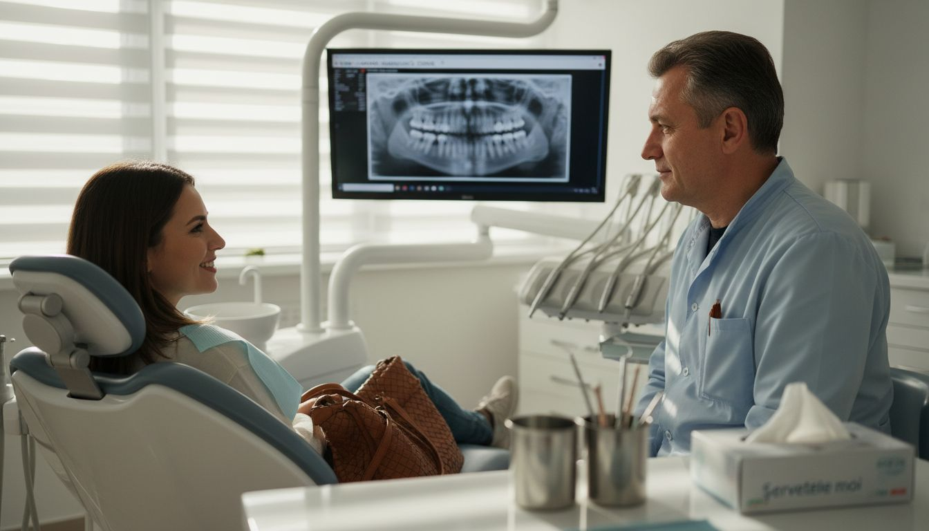 Medic stomatolog și pacientul împărtășesc impresii despre rezultatele implantului dentar, discutând despre confort, aspect și modul în care a schimbat experiența zilnică a pacientului.