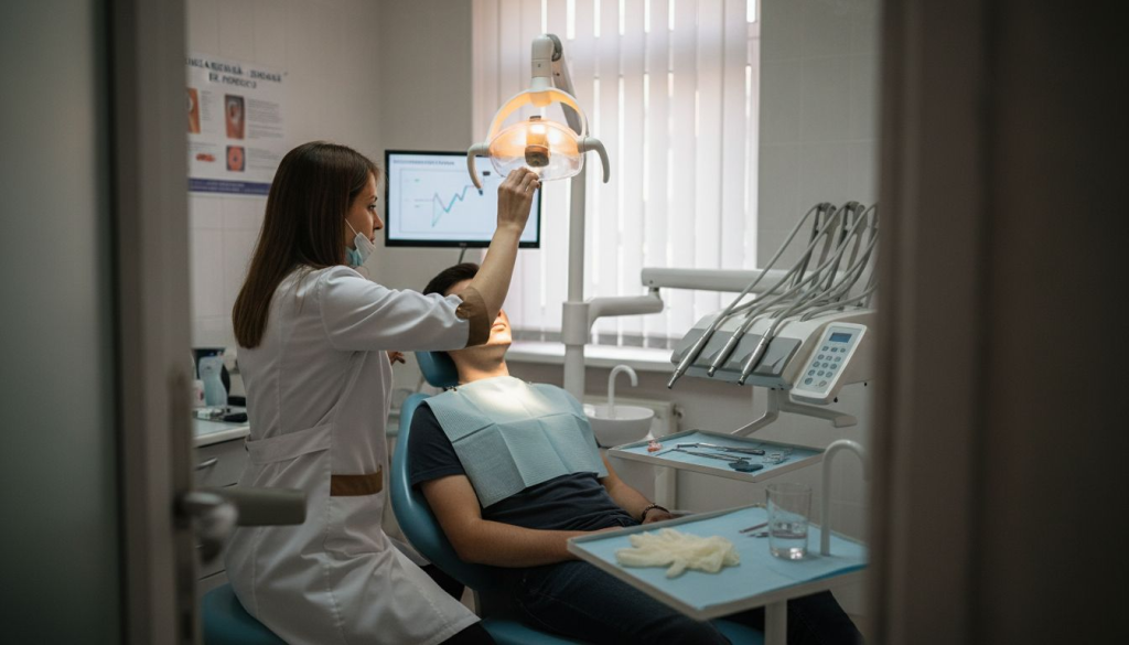 Un pacient stă pe scaunul stomatologic, în timp ce medicul folosește aparatură digitală pentru tratament.