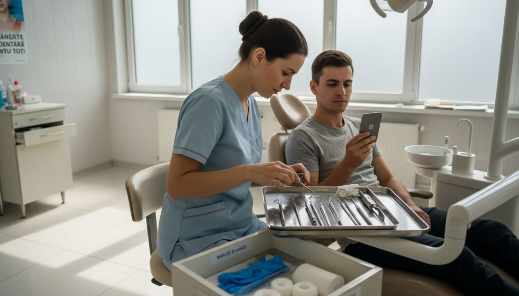 Medic stomatolog care se pregătește pentru o procedură modernă de tratament dentar