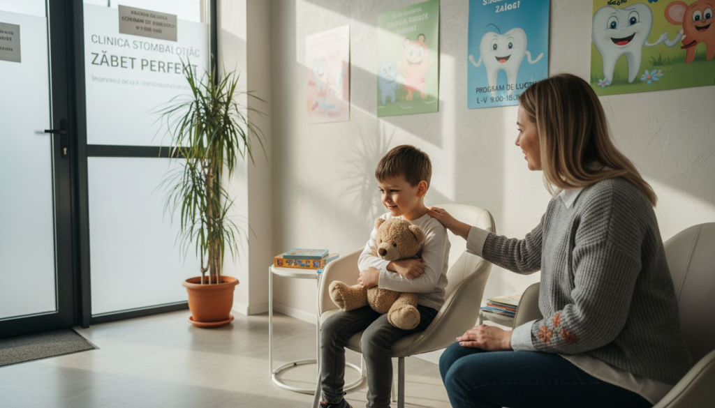 Un copil vizibil emoționat, ținându-se strâns de mâna mamei sale, așteaptă să intre la stomatolog.