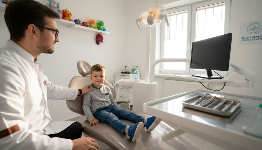 Un copil fericit la dentist, zâmbind cu încredere în timpul consultului stomatologic.