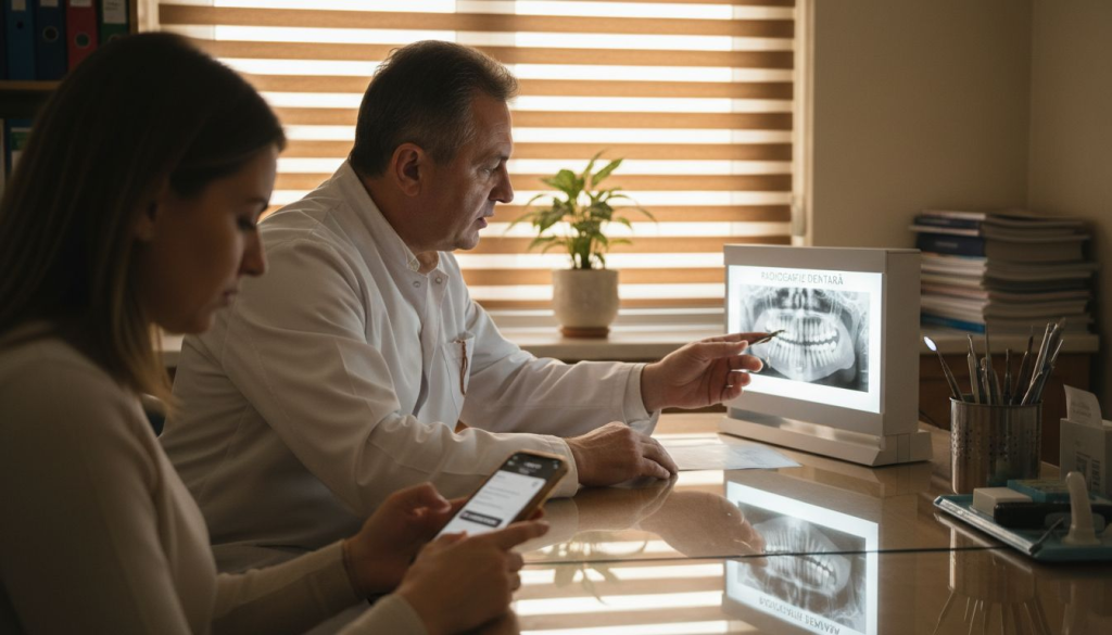 Medicul stomatolog îi explică pacientului care sunt avantajele și pașii de urmat pentru un implant dentar, ajutându-l să ia cea mai bună decizie pentru sănătatea lui orală.