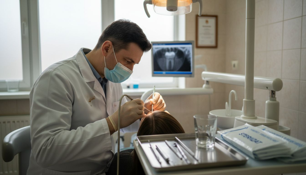 Medic stomatolog care tratează un dinte în cabinetul său