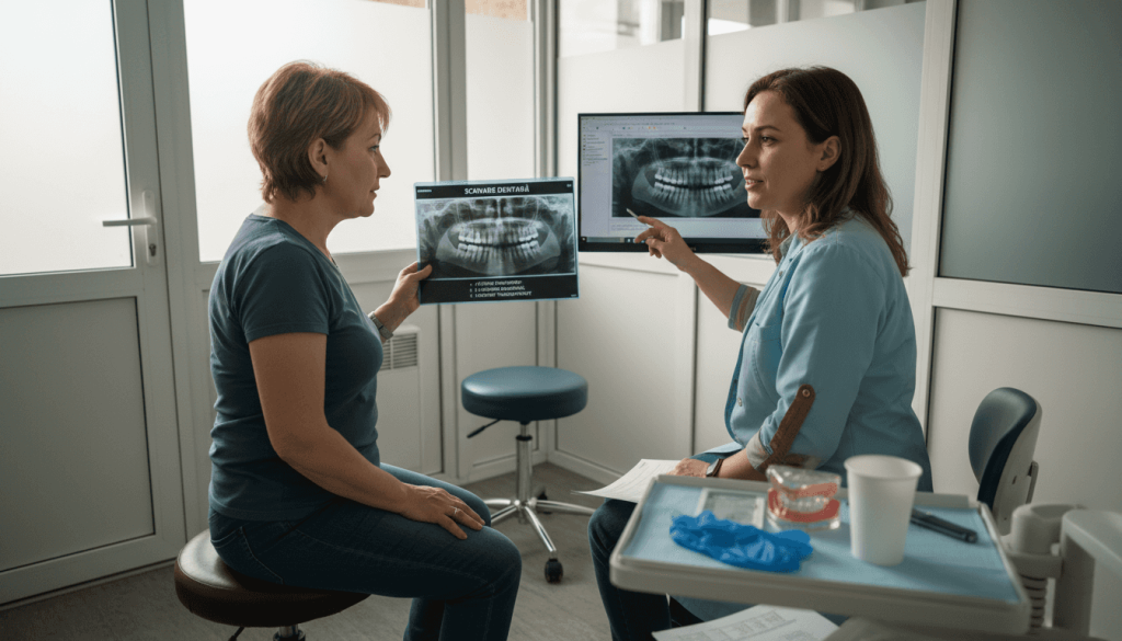 Un pacient merge la stomatolog pentru a discuta despre posibilitatea montării unor coroane dentare.