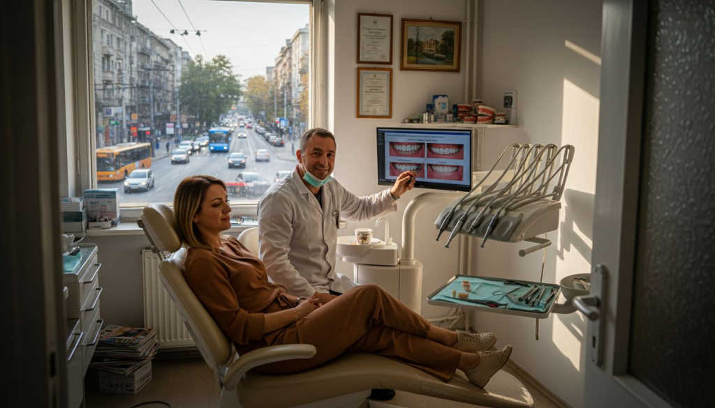 Pacientă la un control stomatologic în București