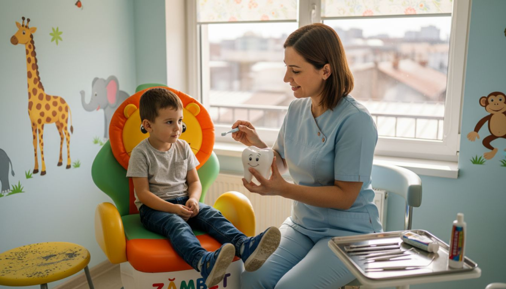 Medic stomatolog pentru copii explică celor mici cum să se spele corect pe dinți.