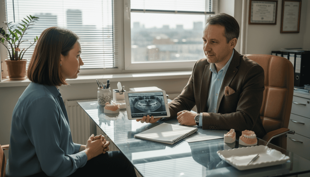 Medic stomatolog care îi prezintă pacientului opțiunile disponibile pentru implanturi dentare