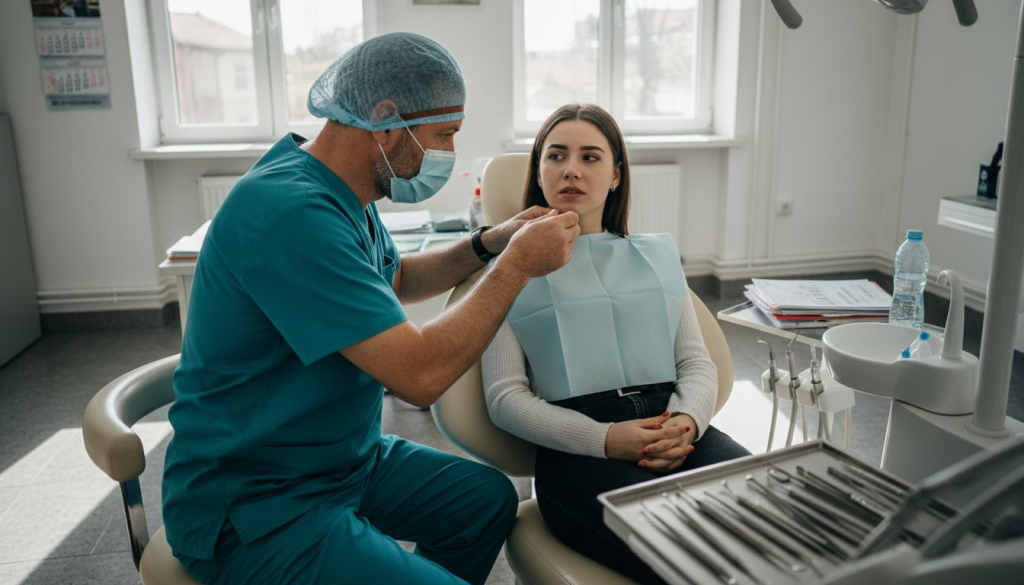 Medic stomatolog consultă un pacient în cabinetul dentar.